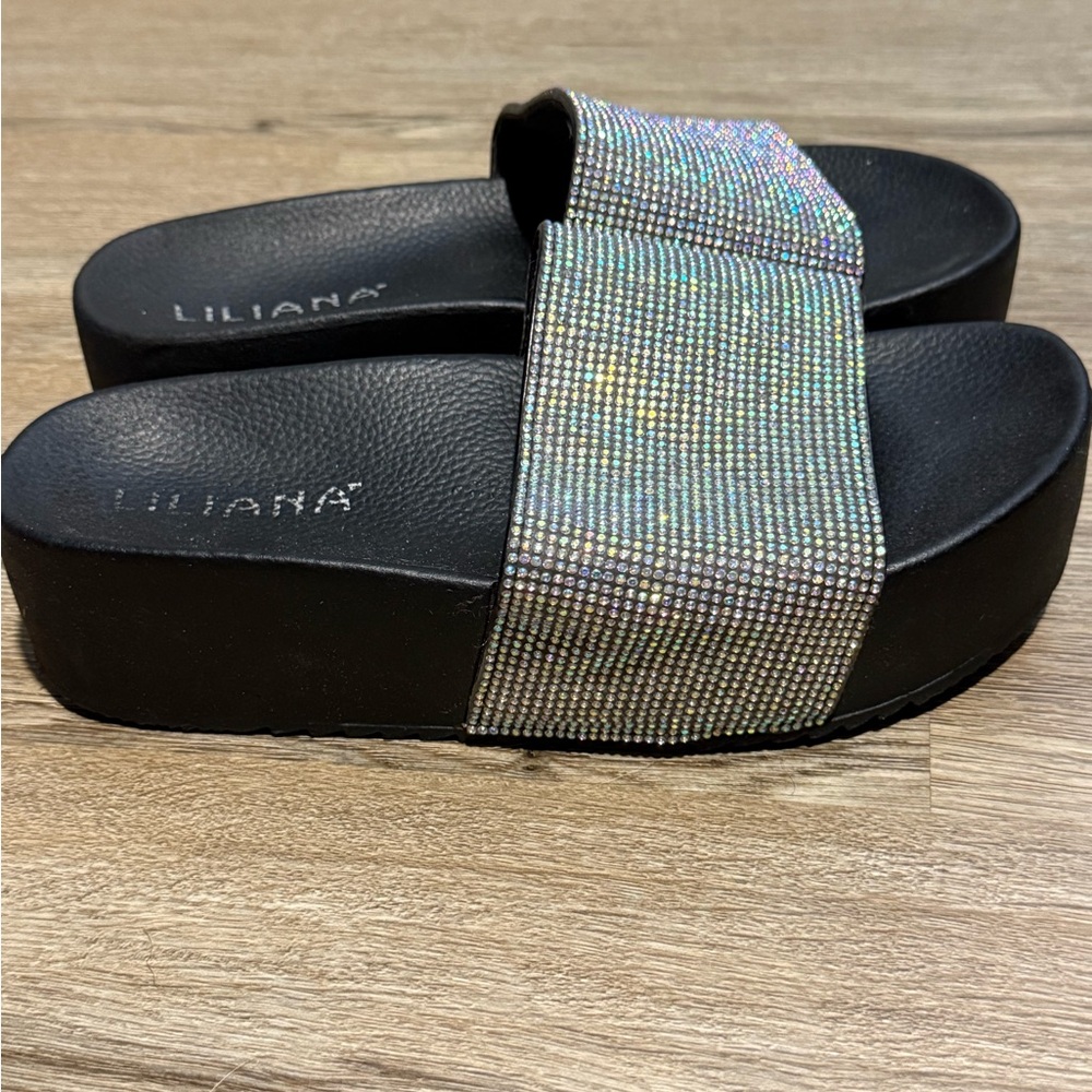Liliana Black Sandals with Silver Rhinestone Strap